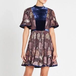 Rebecca Taylor short sleeve clip velvet flounce mini dress high neck